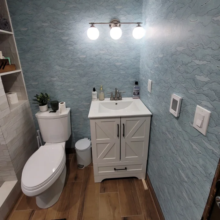 Small bathroom with new vanity, lighting and plank floor