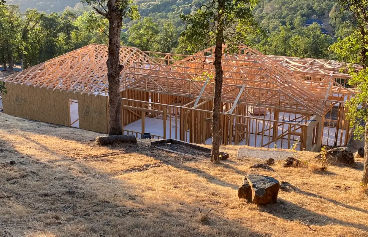 New home with roof trusses set, seen from the hillside above
